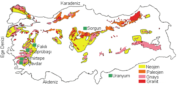 URANYUM Harita 1.1 de Türkiyedeki uranyum yatakları gösterilmiştir. Harita 1.1: Uranyum yatakları Kaynak: MTA Genel Müdürlüğü 1.