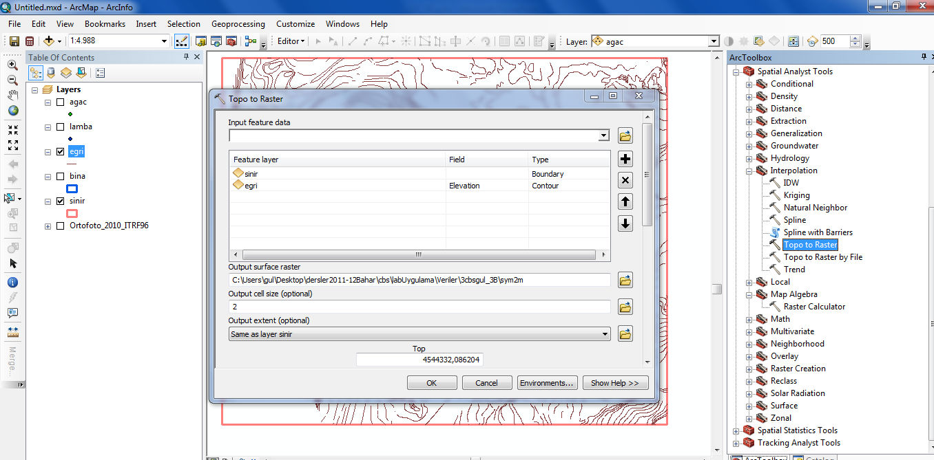 Şekil: Yükseklik değerlerinin kontrol edilmesi "Spatial Analysis-Interpolation-Topo to Raster" ile eğrilerin noktaları arasında enterpolasyon yapılır.