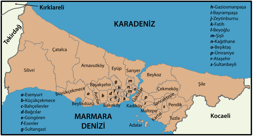 Başakşehir, Arnavutköy, Sultangazi, Esenyurt, Anadolu Yakası nda ise; Üsküdar, Beykoz, Şile, Kadıköy, Kartal, Pendik, Tuzla, Ümraniye, Adalar, Maltepe, Sultanbeyli, Ataşehir, Sancaktepe, Çekmeköy