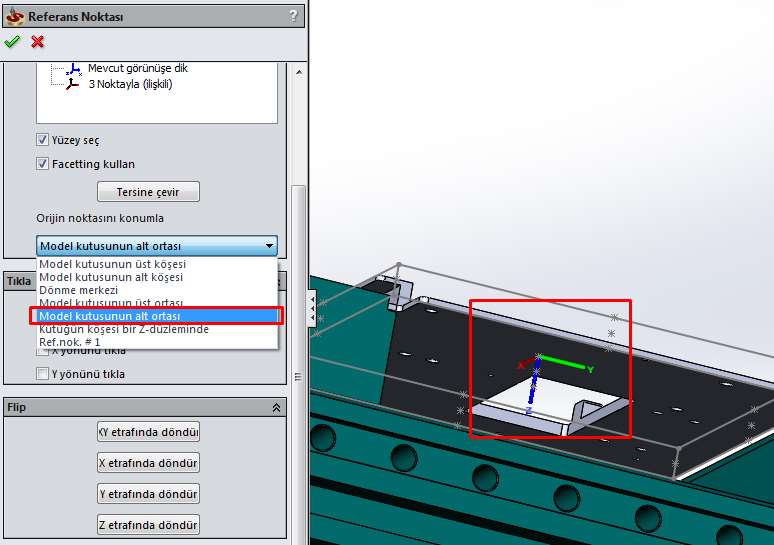 Modelin Alt Orta veya Köşesini Referans Noktası Seçme İmkanı Koordinat sistemi seçiminde artık sadece