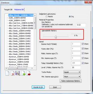 idatabase Malzeme Tanımı: İşlenebilirlik Faktörü Özelliği idatabase Malzeme Tanımı penceresine eklenen yeni bir özellik ile,