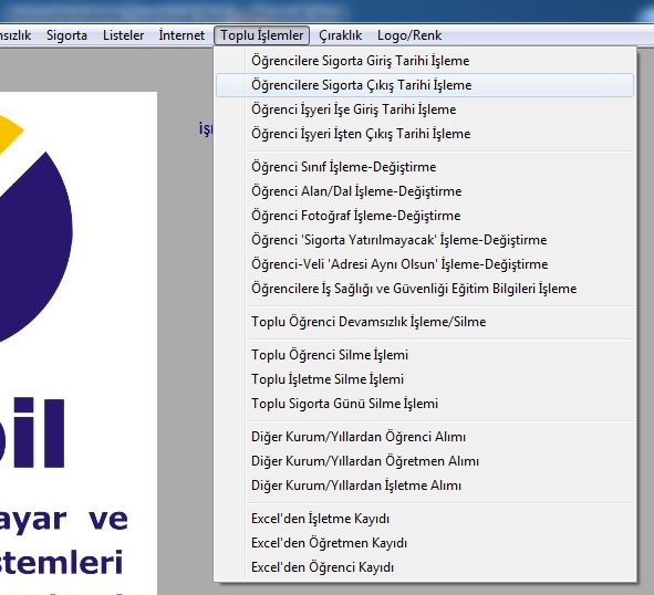 TOPLU İŞLEMLER MENÜSÜNDEN TOPLU OLARAK SİGORTA ÇIKIŞ TARİHİ İŞLE Yıl sonunda öğrencilerin sigorta çıkışları yapılmadan önce tüm öğrencilere Sigorta Çıkış Tarihi işlenmelidir.