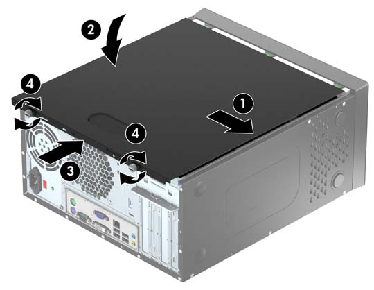 Bilgisayar erişim panelini takma Erişim paneli açılı olarak tutun ve erişim panelinin alt kenarındaki ağzı, kasanın alt kenarındaki rayın üzerine kaydırın (1), ardından