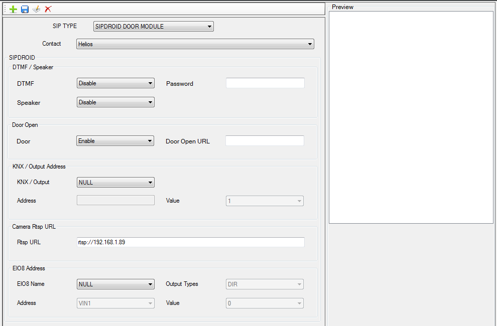 7.4.2 Sipdroid Door Module Şekil 29 SIPDROID Kapı Açma Modülü Parameters Contact DTMF Speaker Door Open URL KNX/IO Address Value Camera RTSP Url EIO Address EIO OutputTypes EIO Value Gelen arama