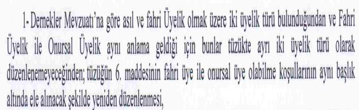 Maddenin Eski Hali Maddenin Yeni Hali Açıklama Madde 6: Derneğin ve şubelerin asli, fahri ve onursal olmak üzere üç tür üyeliği vardır.