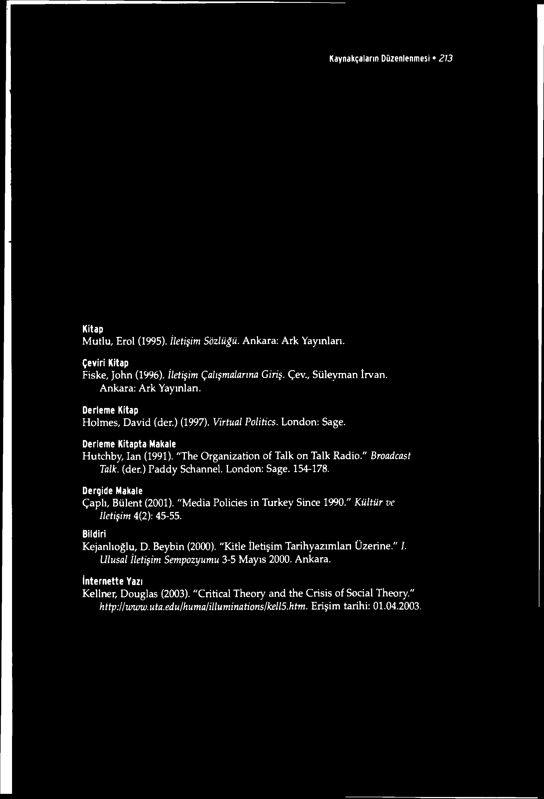 Kaynakçaların Düzenlenmesi 213 Kitap Mutlu, Erol (1995). İletişim Sözlüğü. Ankara: Ark Yayınları. Çeviri Kitap Fiske, John (1996). İletişim Çalışmalarına Giriş. Çev., Süleyman îrvan.