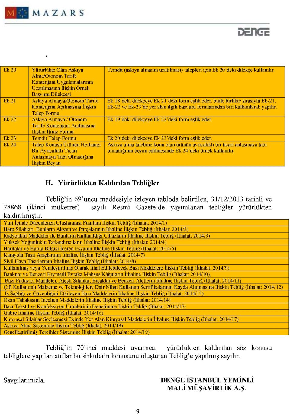 Otonom Tarife Kontenjanı Açılmasına İlişkin İtiraz Formu Temdit (askıya almanın uzatılması) talepleri için Ek 20 deki dilekçe kullanılır. Ek 18 deki dilekçeye Ek 21 deki form eşlik eder.