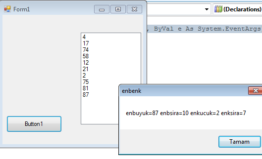 Dim i, j, k, enb, enk, enbs, enks, a As Byte Randomize() enb = 0 : enk = 100 For i = 1 To 10 a = Rnd() * 100 ListBox1.Items.