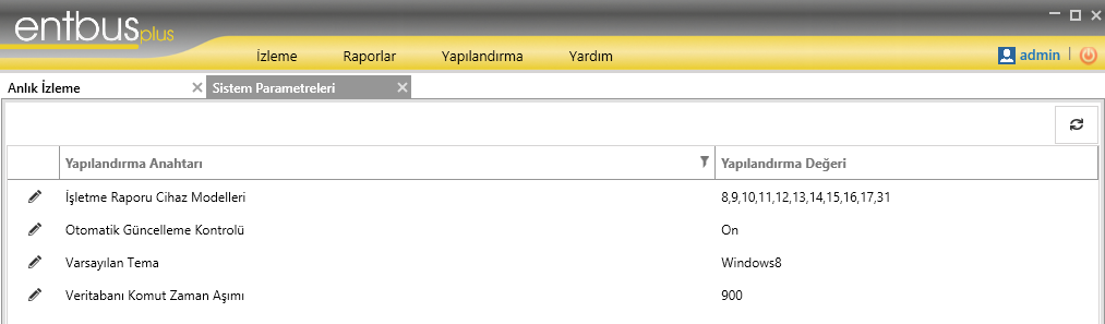 f. Sistem Parametreleri: Bu ekranda, sisteme ait bazı ekranların varsayılan özelliklerini içerir. Bu özelliklerin bazıları değişebilir, bazıları ise sadece görüntülenme amaçlı olarak değiştirilemez.