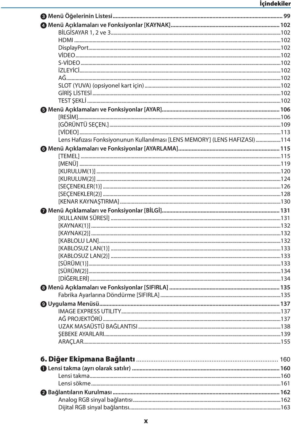 ..113 Lens Hafızası Fonksiyonunun Kullanılması [LENS MEMORY] (LENS HAFIZASI)...114 6 Menü Açıklamaları ve Fonksiyonlar [AYARLAMA]... 115 [TEMEL]...115 [MENÜ]...119 [KURULUM(1)]...120 [KURULUM(2)].