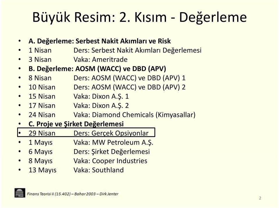 Değerleme: AOSM (WACC) ve DBD (APV) 8 Nisan Ders: AOSM (WACC) ve DBD (APV) 1 10 Nisan Ders: AOSM (WACC) ve DBD (APV) 2 15 Nisan Vaka: Dixon