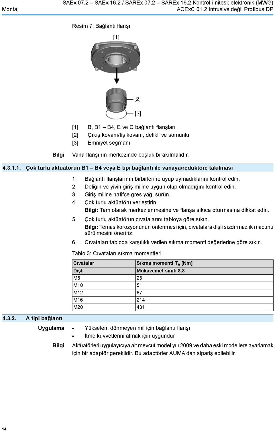 merkezinde boşluk bırakılmalıdır. 4.3.1.1. Çok turlu aktüatörün B1 B4 veya E tipi bağlantı ile vanaya/redüktöre takılması 1. Bağlantı flanşlarının birbirlerine uyup uymadıklarını kontrol edin. 2.