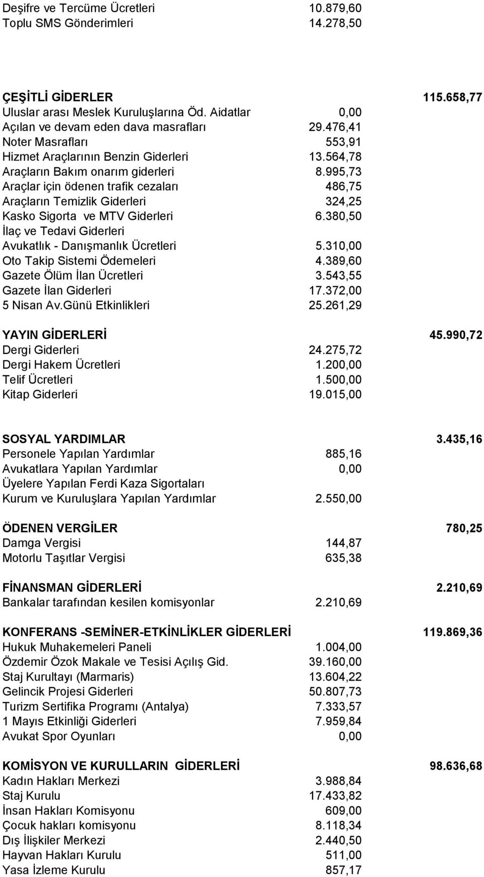 995,73 Araçlar için ödenen trafik cezaları 486,75 Araçların Temizlik Giderleri 324,25 Kasko Sigorta ve MTV Giderleri 6.380,50 İlaç ve Tedavi Giderleri Avukatlık - Danışmanlık Ücretleri 5.