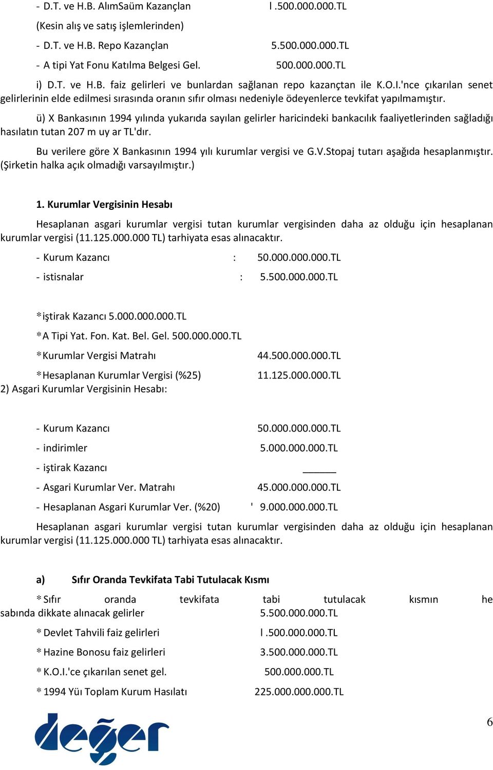 ü) X Bankasının 1994 yılında yukarıda sayılan gelirler haricindeki bankacılık faaliyetlerinden sağladığı hasılatın tutan 207 m uy ar TL'dır.