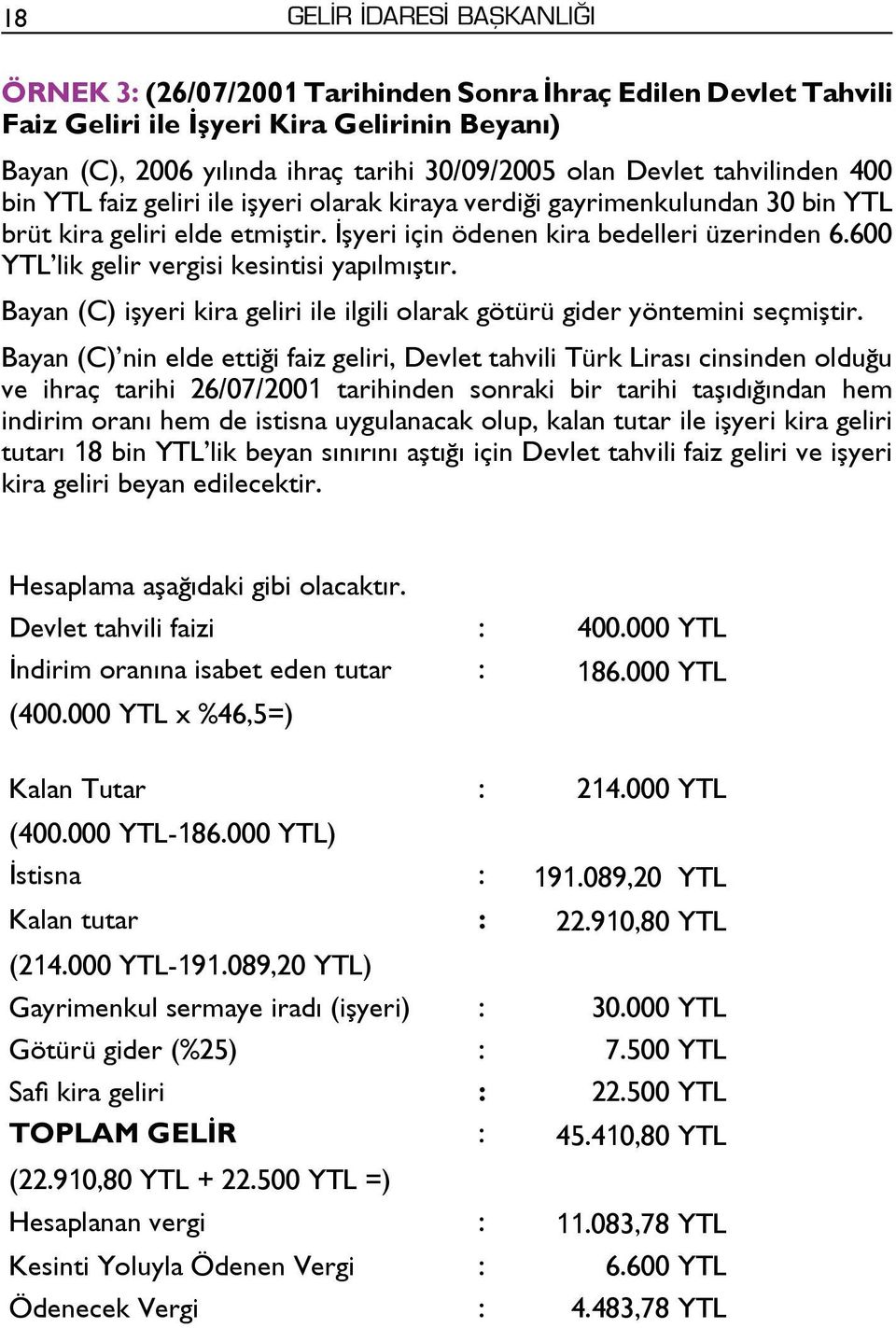 600 YTL lik gelir vergisi kesintisi yapılmıştır. Bayan (C) işyeri kira geliri ile ilgili olarak götürü gider yöntemini seçmiştir.