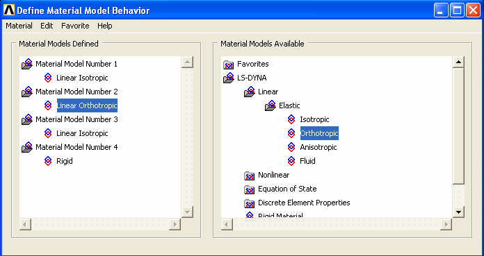 2. Material > New Model seçilir 3. Sağ taraftan LS-DYNA > Linear > Elastic seçilir. 4. Malzeme tipine göre Isotropic, Orthotropic gibi seçeneklerden uygun olan seçilir.