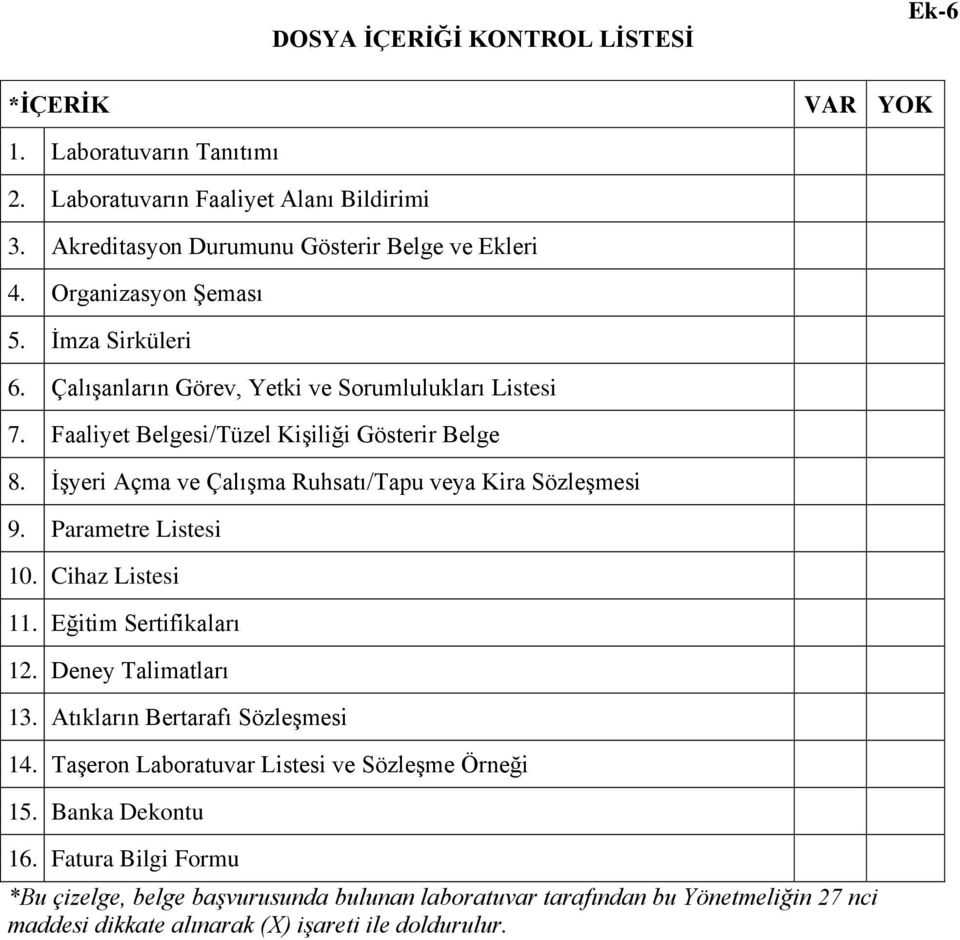 ĠĢyeri Açma ve ÇalıĢma Ruhsatı/Tapu veya Kira SözleĢmesi 9. Parametre Listesi 10. Cihaz Listesi 11. Eğitim Sertifikaları 12. Deney Talimatları 13. Atıkların Bertarafı SözleĢmesi 14.