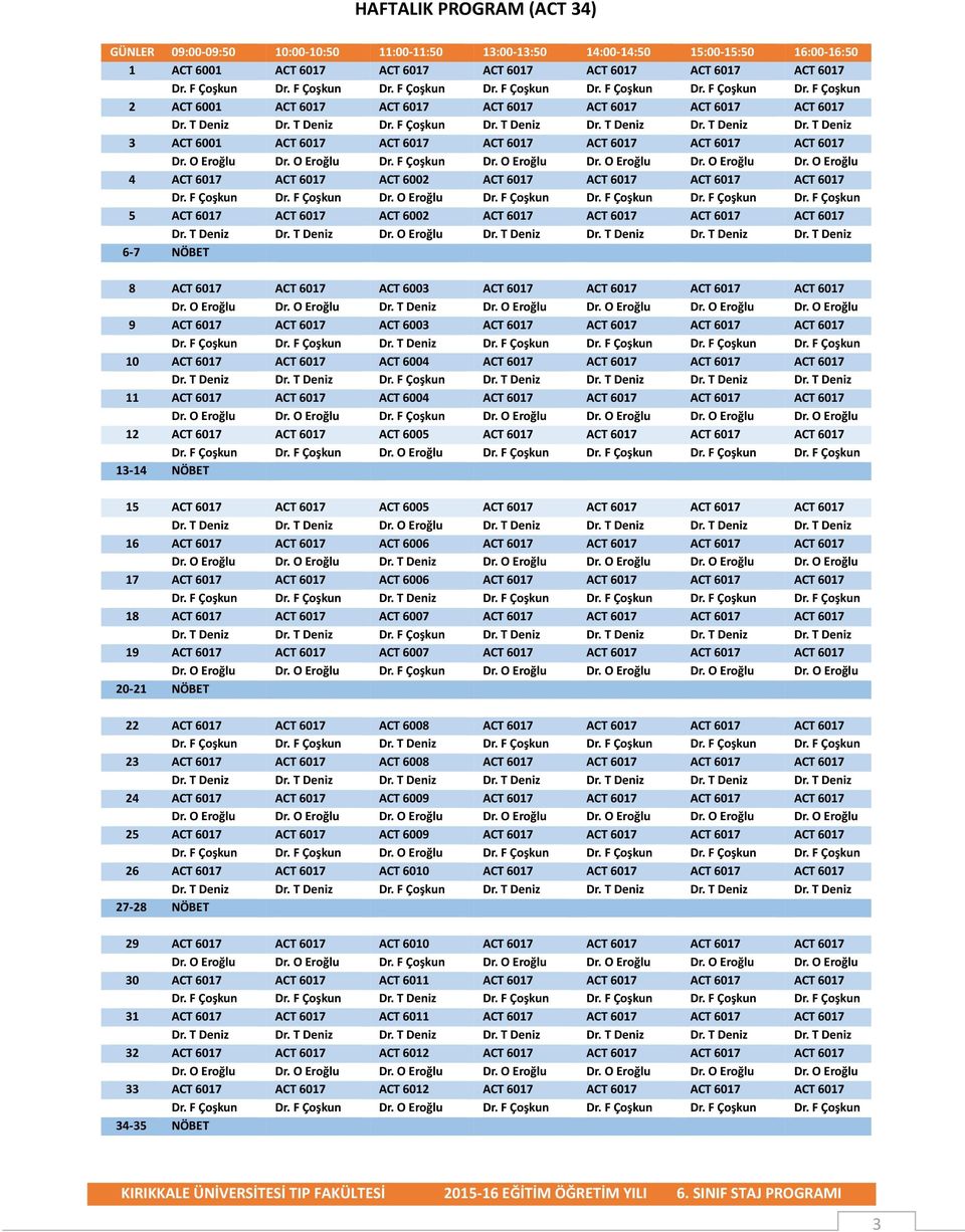 T Deniz Dr. F Çoşkun Dr. T Deniz Dr. T Deniz Dr. T Deniz Dr. T Deniz 3 ACT 6001 ACT 6017 ACT 6017 ACT 6017 ACT 6017 ACT 6017 ACT 6017 Dr. O Eroğlu Dr.