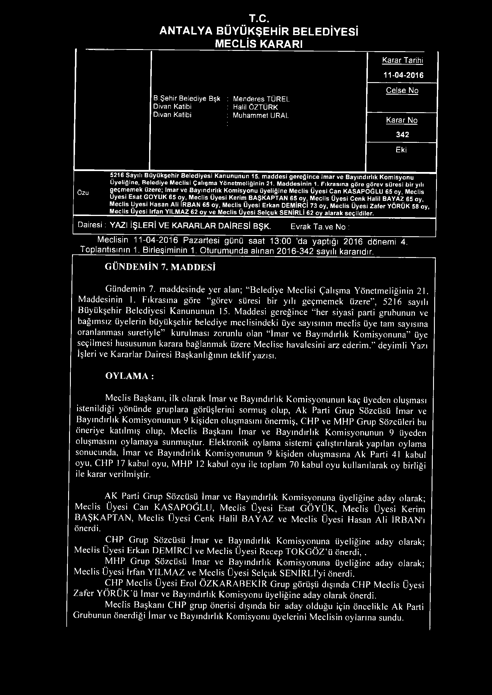 T.C. ANTALYA BÜYÜKŞEHİR BELEDİYESİ MECLİS KARARI B.Şehir Belediye Bşk.