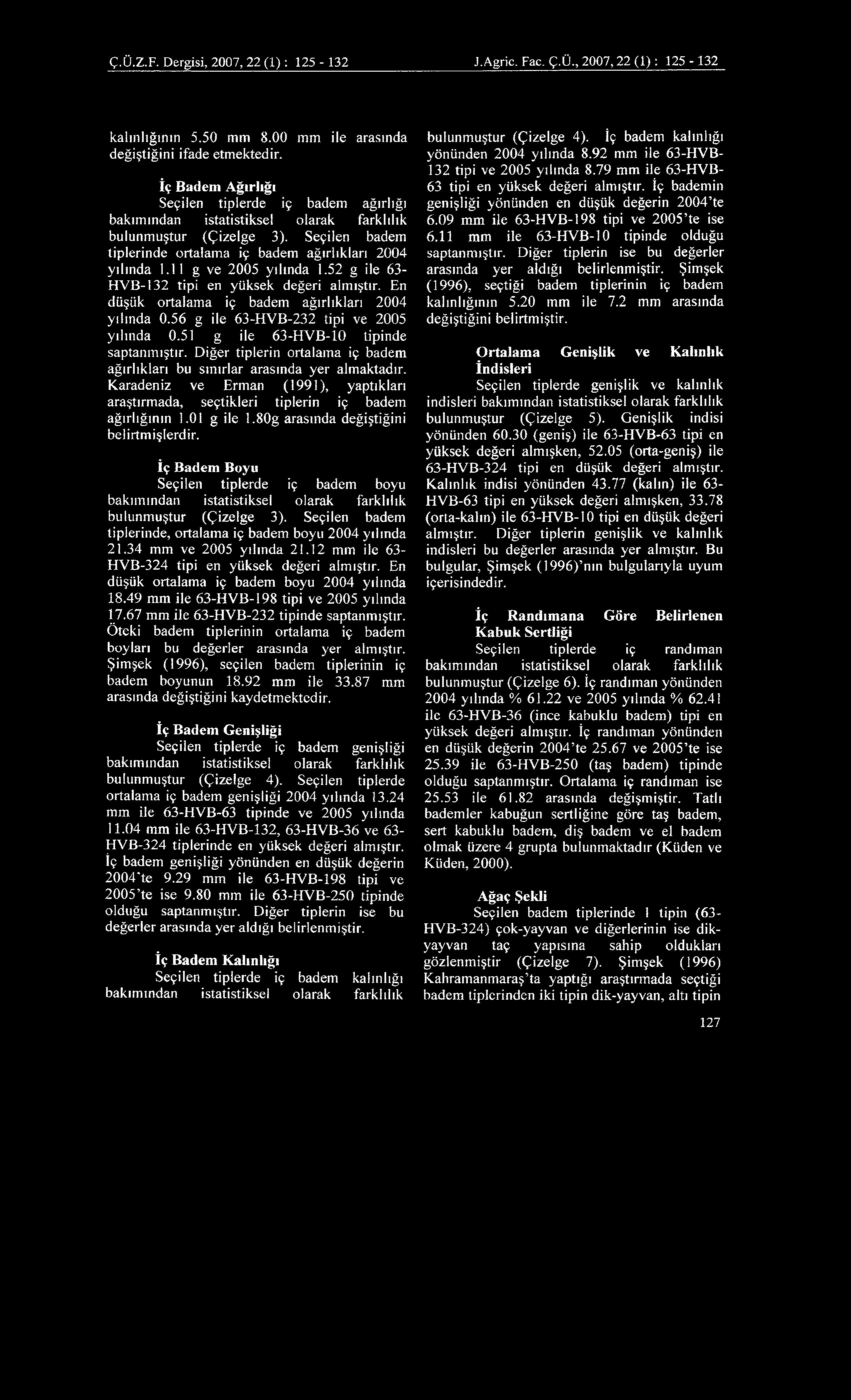 Ç.Ü.Z.F. D ergisi, 2007, 2 2 (1) : 125-132 J.A gric. Fac. Ç.Ü., 2 0 0 7,2 2 (1) : 125-132 kalınlığının 5.50 mm 8.00 mm ile arasında değiştiğini ifade etmektedir.