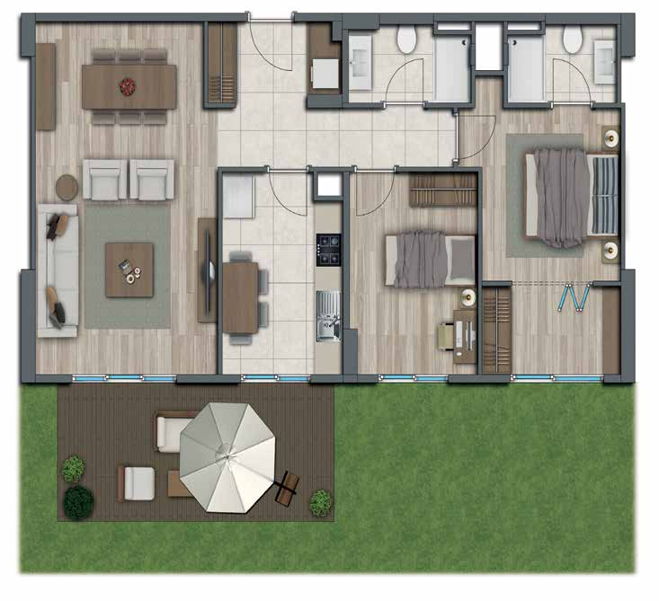 2B.A Teras / 128 m 2 (Satış Alanı) A ve F Blok Zemin Kat Salon: 24,85 m 2 Teras: 15,00 m 2 Mutfak: 9,26 m 2 Yatak Odası: 10,02 m 2 Ebeveyn Süiti: 18,31 m 2 (E. Yatak Odası: 10,35 m 2 + E.