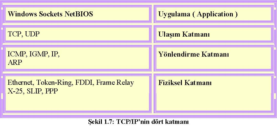 TCP/IP nin Yapısı TCP/IP yi anlatırken 4 katmanlı bir yapıdan söz edeceğiz. Fiziksel katman, bilgisayarda bulunan ağ kartını, kabloları vb. şeyleri gösterir.