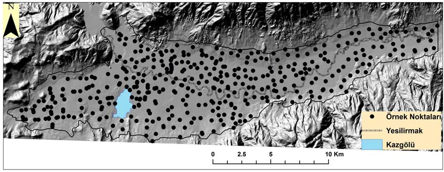 Tokat Kazova Topraklarının Yarayışlı Fosfor Düzeyinin Jeoistatistik Tahmin ve Simulasyon Metodlarıyla, Akbaş Şekil 1-Çalışma alanı ve örnekleme noktaları Figure 1-Study area and sampling points Orta