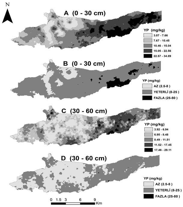 Modelling and Mapping Available Phosphorus Level of Tokat Kazova Soils with Geostatistical Estimation, Akbaş Şekil 3-Çalışma alanın YP un OK ve sınıflama haritaları (A)Üst toprak OK, (B) Üst toprak