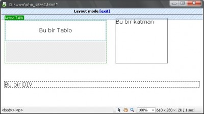 Genişletilmiş düzende tabloların görünümü Layout Mod (Serbest çizim düzeni) Bu düzen oldukça farklı prensipler ile çalışma ortamını değiştiren ve diğer HTML editörleri arasında DW'a ayrı bir yer