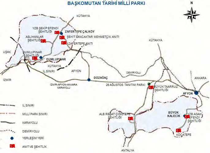 220 Destinasyon İmajı Oluşturmada Hüzün Turizmi: Afyonkarahisar ve Başkomutan Tarihi Milli Parkı Yine Bakanlar Kurulunun 2000/820 sayılı kararları ile sınır değiģikliği yapılarak Milli Parkın iki