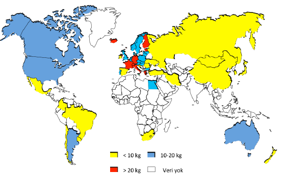 Şekil 1: Dünyadaki kişi başına peynir tüketimine ilişkin dağılım (Süt Konseyi 2012). 1.3.