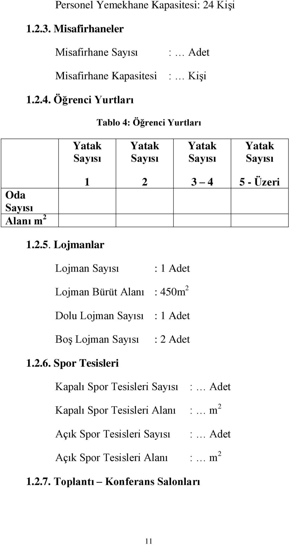 Öğrenci Yurtları Tablo 4: Öğrenci Yurtları Yatak Sayısı Yatak Sayısı Yatak Sayısı Yatak Sayısı Oda Sayısı Alanı m 2 1 2 3 4 5 