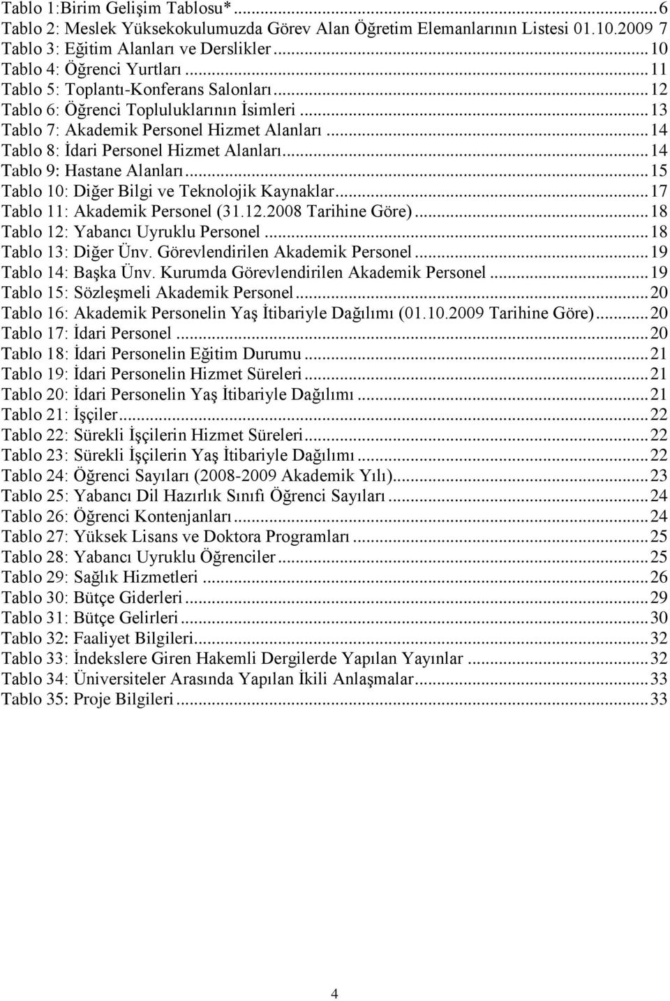 .. 14 Tablo 9: Hastane Alanları... 15 Tablo 10: Diğer Bilgi ve Teknolojik Kaynaklar... 17 Tablo 11: Akademik Personel (31.12.2008 Tarihine Göre)... 18 Tablo 12: Yabancı Uyruklu Personel.