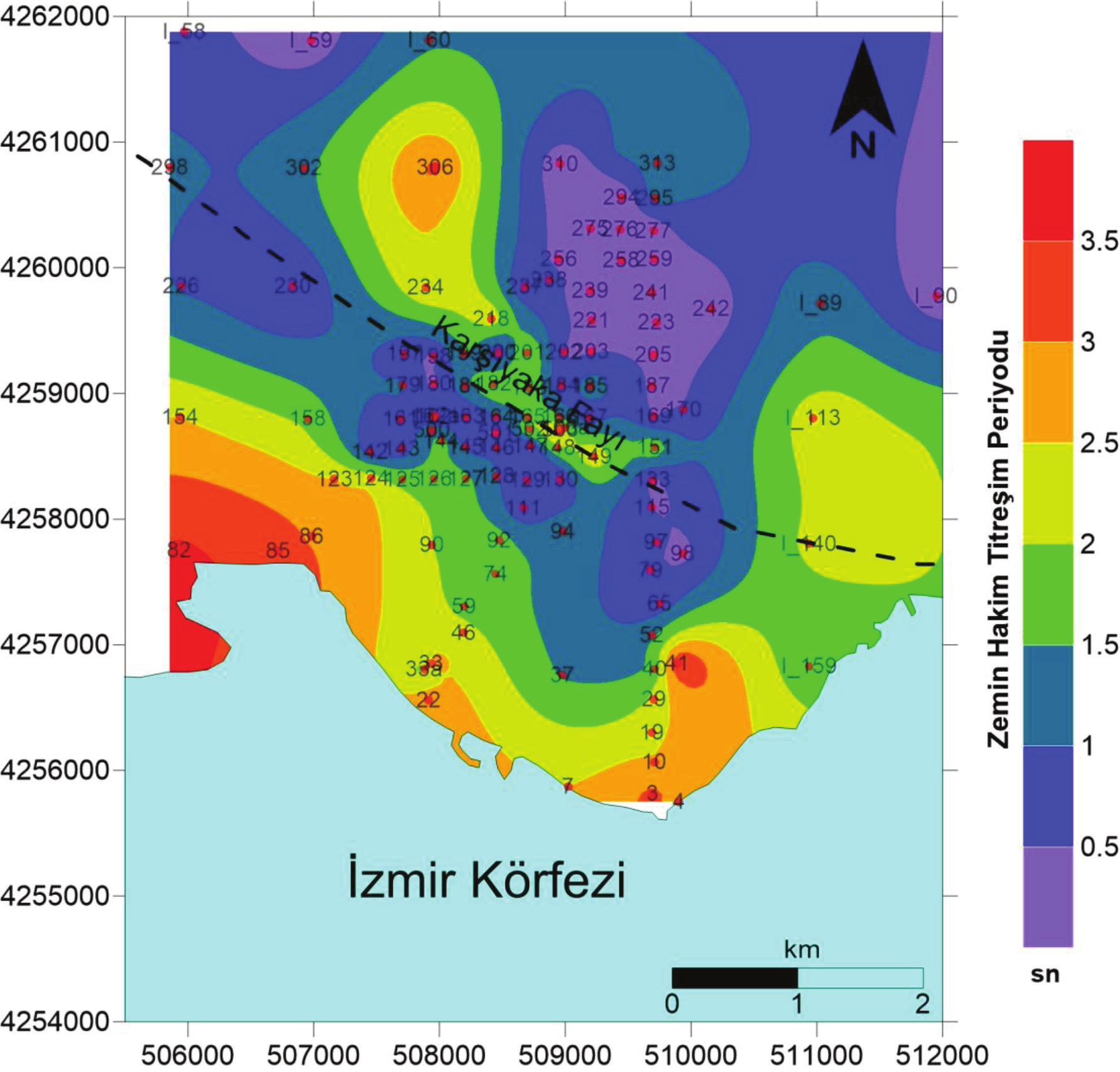 88 Şekil 6. Mikrotremor yöntemi verisi kullanılarak hesaplanan ZHTP dağılım haritası (kırmızı noktalar mikrotremor yöntemi ölçüm noktasını göstermektedir). Figure 6.