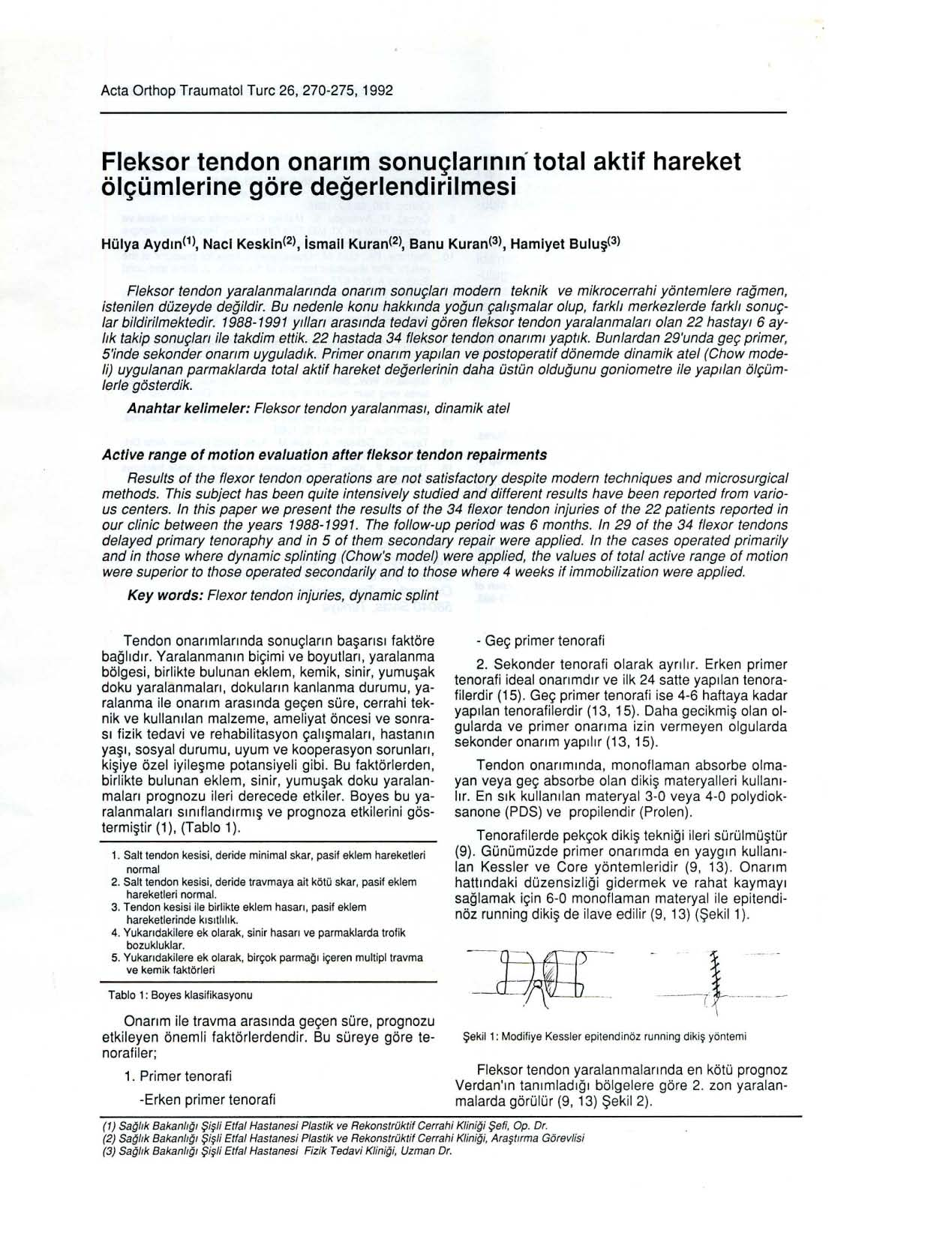 Acta Orthop Traumatol Turc 26, 270-275, 1992 Fleksor tendon onarım sonuçlarının total aktif hareket ölçümlerine göre değerlendirilmesi Hülya Aydın(l), Nacl Keskln(2), ismall Kuran(2), Banu Kuran(3),