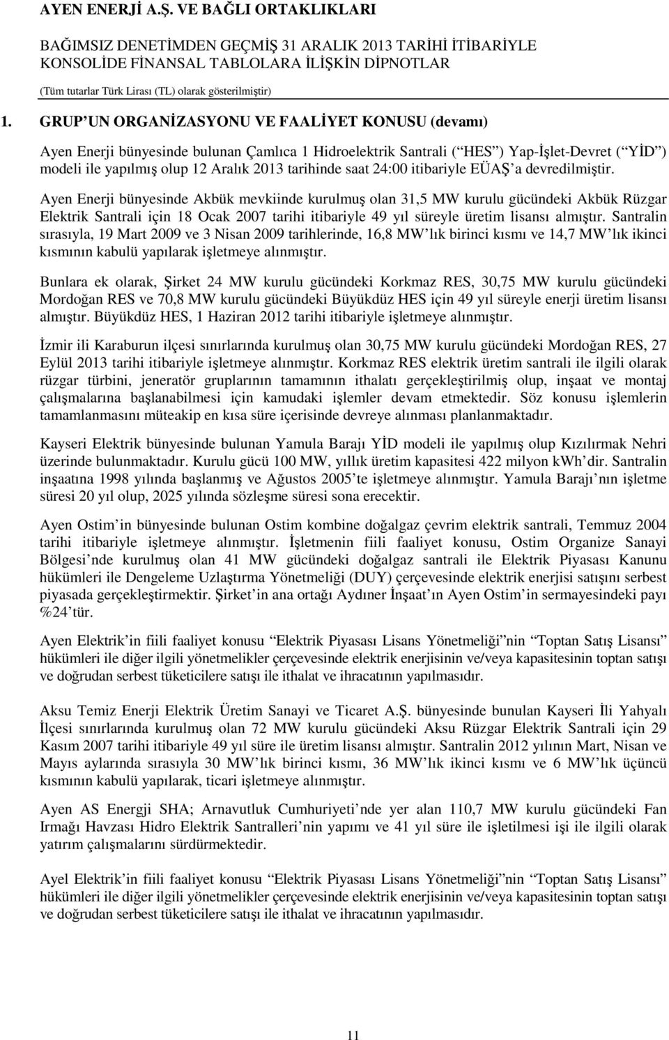 Ayen Enerji bünyesinde Akbük mevkiinde kurulmuş olan 31,5 MW kurulu gücündeki Akbük Rüzgar Elektrik Santrali için 18 Ocak 2007 tarihi itibariyle 49 yıl süreyle üretim lisansı almıştır.