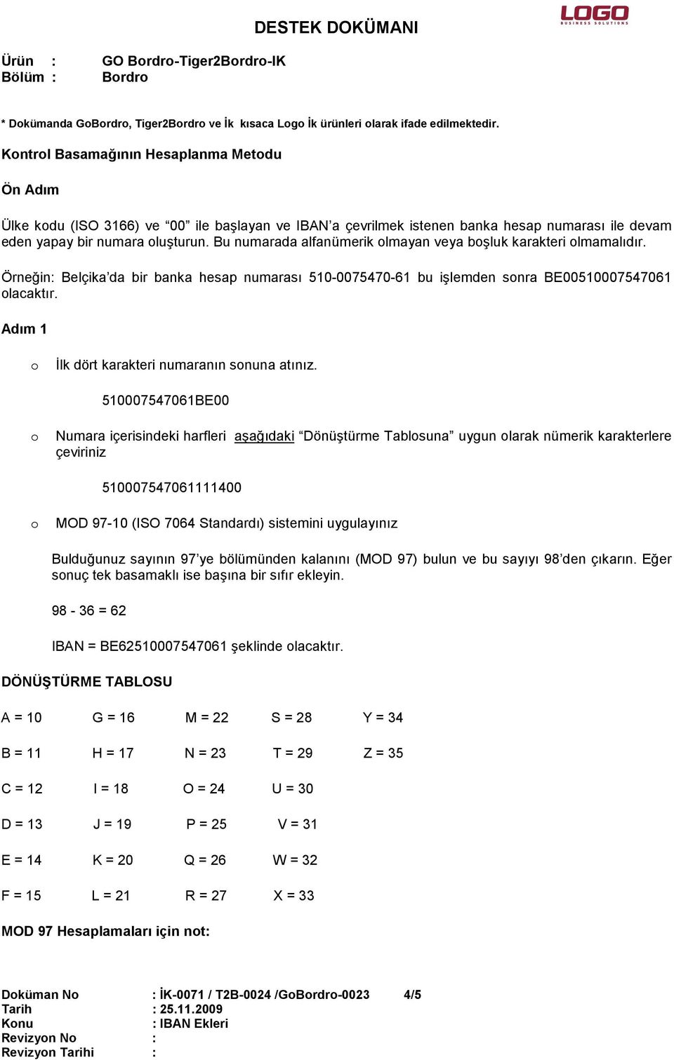 Bu numarada alfanümerik lmayan veya bşluk karakteri lmamalıdır. Örneğin: Belçika da bir banka hesap numarası 510-0075470-61 bu işlemden snra BE00510007547061 lacaktır.