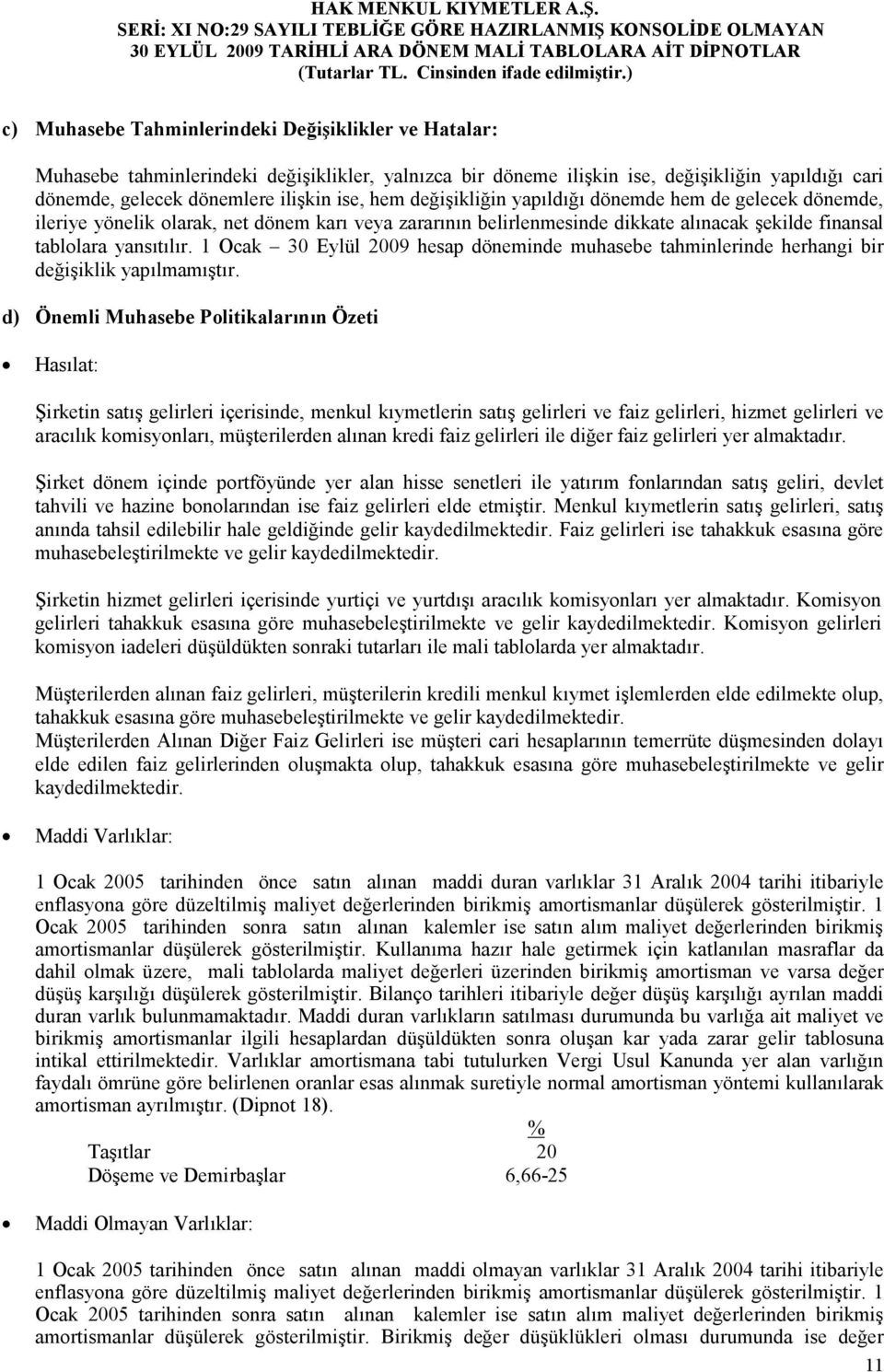 1 Ocak 30 Eylül 2009 hesap döneminde muhasebe tahminlerinde herhangi bir değişiklik yapılmamıştır.