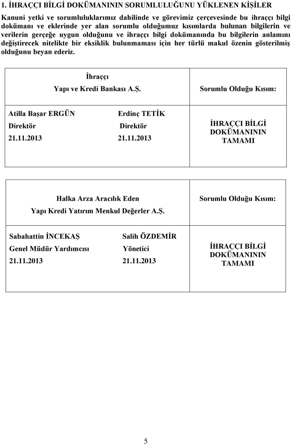 gösterilmiş olduğunu beyan ederiz. İhraççı Yapı ve Kredi Bankası A.Ş. Sorumlu Olduğu Kısım: Atilla Başar ERGÜN Erdinç TETİK Direktör Direktör 21.11.