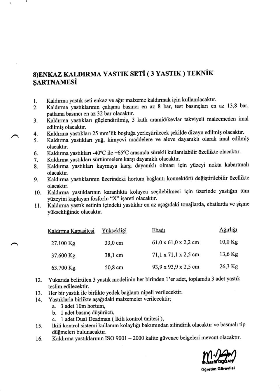 i<uldrnnu yastrklan giiglendirilrnig, 3 kath aramid/kevlar takviyeli malzemeden imal edilmig olacaktr. Kaldrrma yastrklan 25 mm,lik boglula yerlegtirilecek gekilde dizayn edilmig olacaktr.