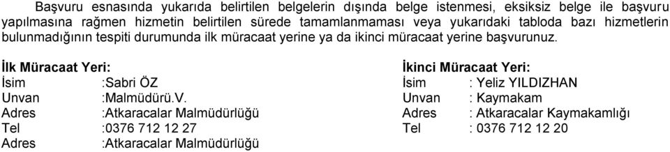 ikinci müracaat yerine başvurunuz. İlk Müracaat Yeri: İkinci Müracaat Yeri: İsim :Sabri ÖZ İsim : Yeliz YILDIZHAN Unvan :Malmüdürü.V.