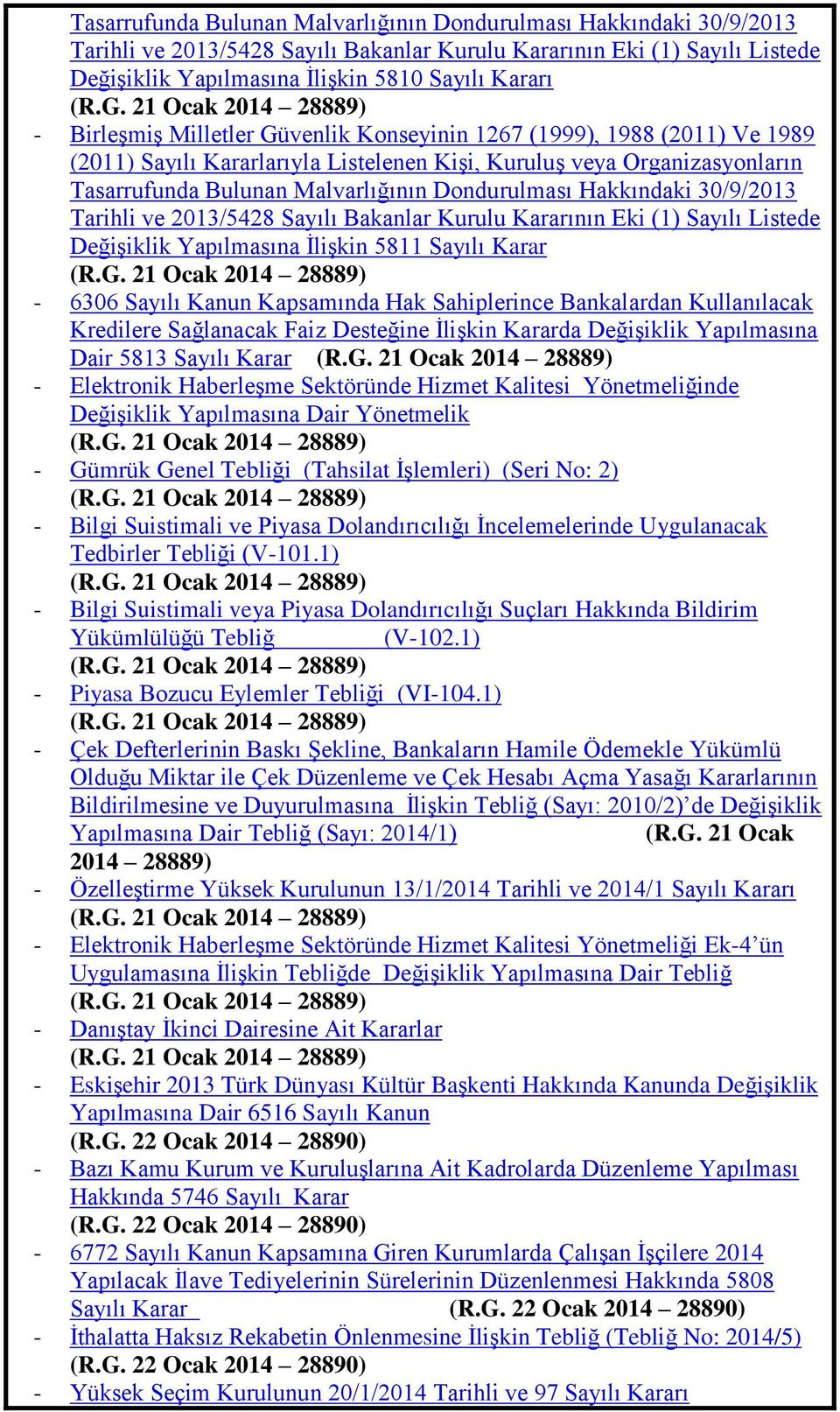 Malvarlığının Dondurulması Hakkındaki 30/9/2013 Tarihli ve 2013/5428 Sayılı Bakanlar Kurulu Kararının Eki (1) Sayılı Listede DeğiĢiklik Yapılmasına ĠliĢkin 5811 Sayılı Karar (R.G.