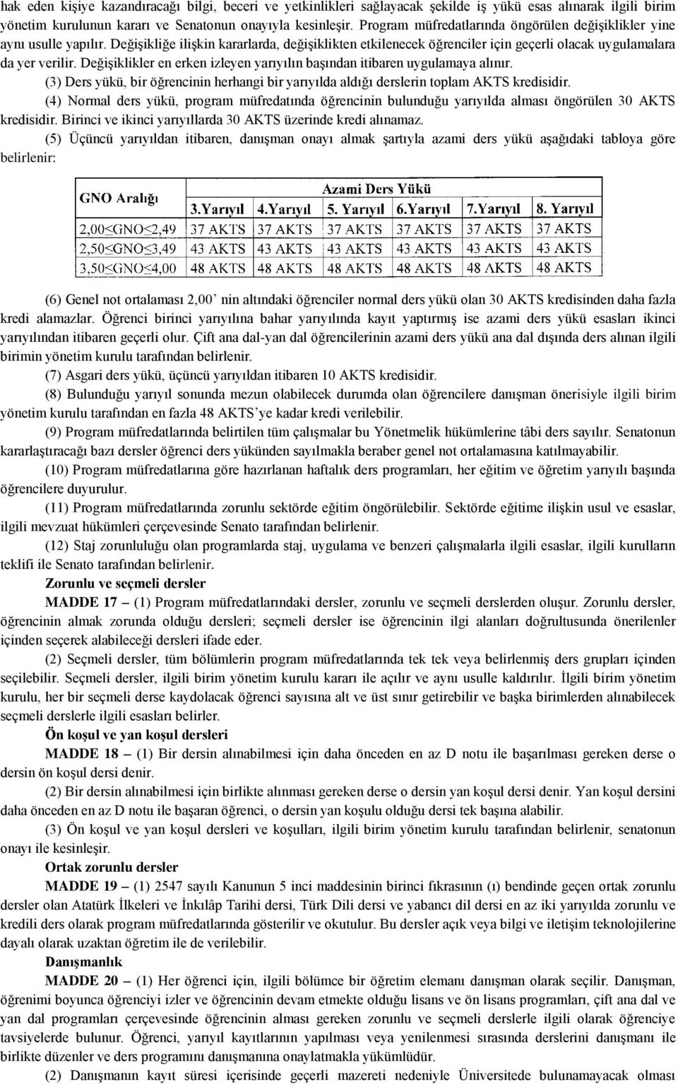 Değişiklikler en erken izleyen yarıyılın başından itibaren uygulamaya alınır. (3) Ders yükü, bir öğrencinin herhangi bir yarıyılda aldığı derslerin toplam AKTS kredisidir.