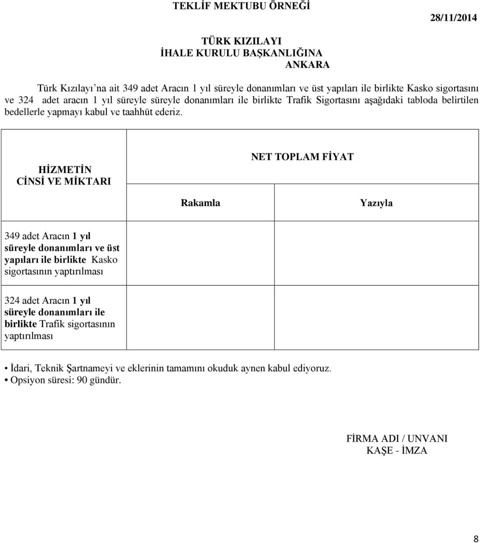 HİZMETİN CİNSİ VE MİKTARI NET TOPLAM FİYAT Rakamla Yazıyla 349 adet Aracın 1 yıl süreyle donanımları ve üst yapıları ile birlikte Kasko sigortasının yaptırılması 324 adet Aracın 1 yıl