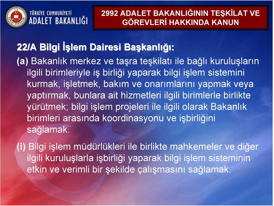 hizmetleri ilgili birimlerle birlikte yürütmek; bilgi işlem projeleri ile ilgili olarak Bakanlık birimleri arasında koordinasyonu ve işbirliğini sağlamak.