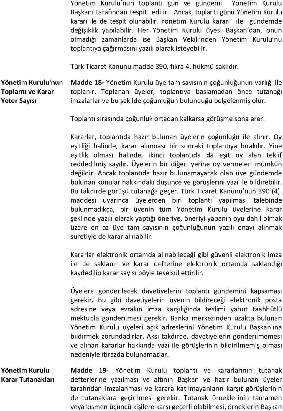 Her Yönetim Kurulu üyesi Başkan dan, onun olmadığı zamanlarda ise Başkan Vekili nden Yönetim Kurulu nu toplantıya çağırmasını yazılı olarak isteyebilir. Türk Ticaret Kanunu madde 390, fıkra 4.