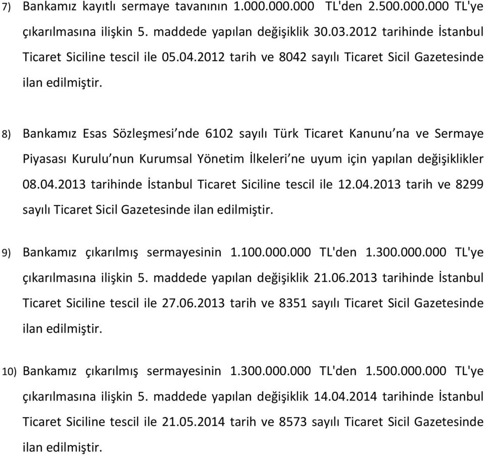 8) Bankamız Esas Sözleşmesi nde 6102 sayılı Türk Ticaret Kanunu na ve Sermaye Piyasası Kurulu nun Kurumsal Yönetim İlkeleri ne uyum için yapılan değişiklikler 08.04.