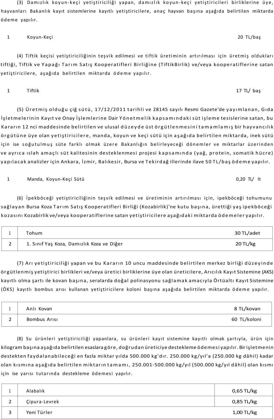 1 Koyun-Keçi 20 TL/baş (4) Tiftik keçisi yetiştiriciliğinin teşvik edilmesi ve tiftik üretiminin artırılması için üretmiş oldukları tiftiği, Tiftik ve Yapağı Tarım Satış Kooperatifleri Birliğine