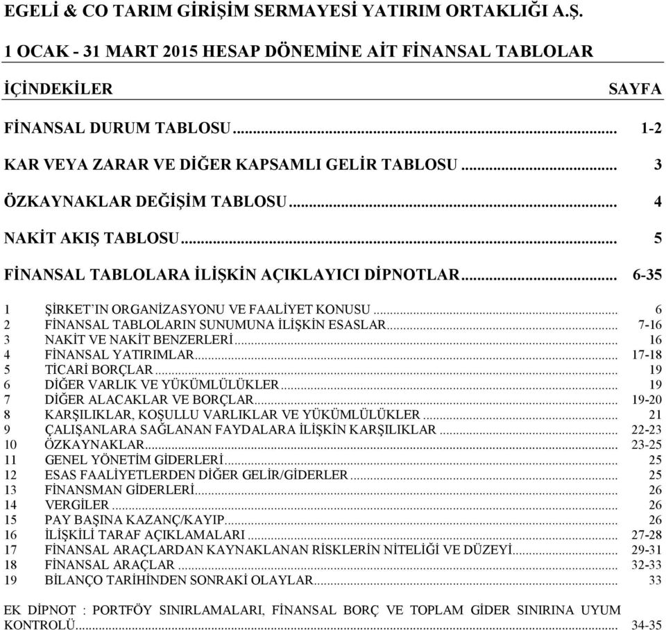 .. 17-18 5 TİCARİ BORÇLAR... 19 6 DİĞER VARLIK VE YÜKÜMLÜLÜKLER... 19 7 DİĞER ALACAKLAR VE BORÇLAR... 19-20 8 KARŞILIKLAR, KOŞULLU VARLIKLAR VE YÜKÜMLÜLÜKLER.