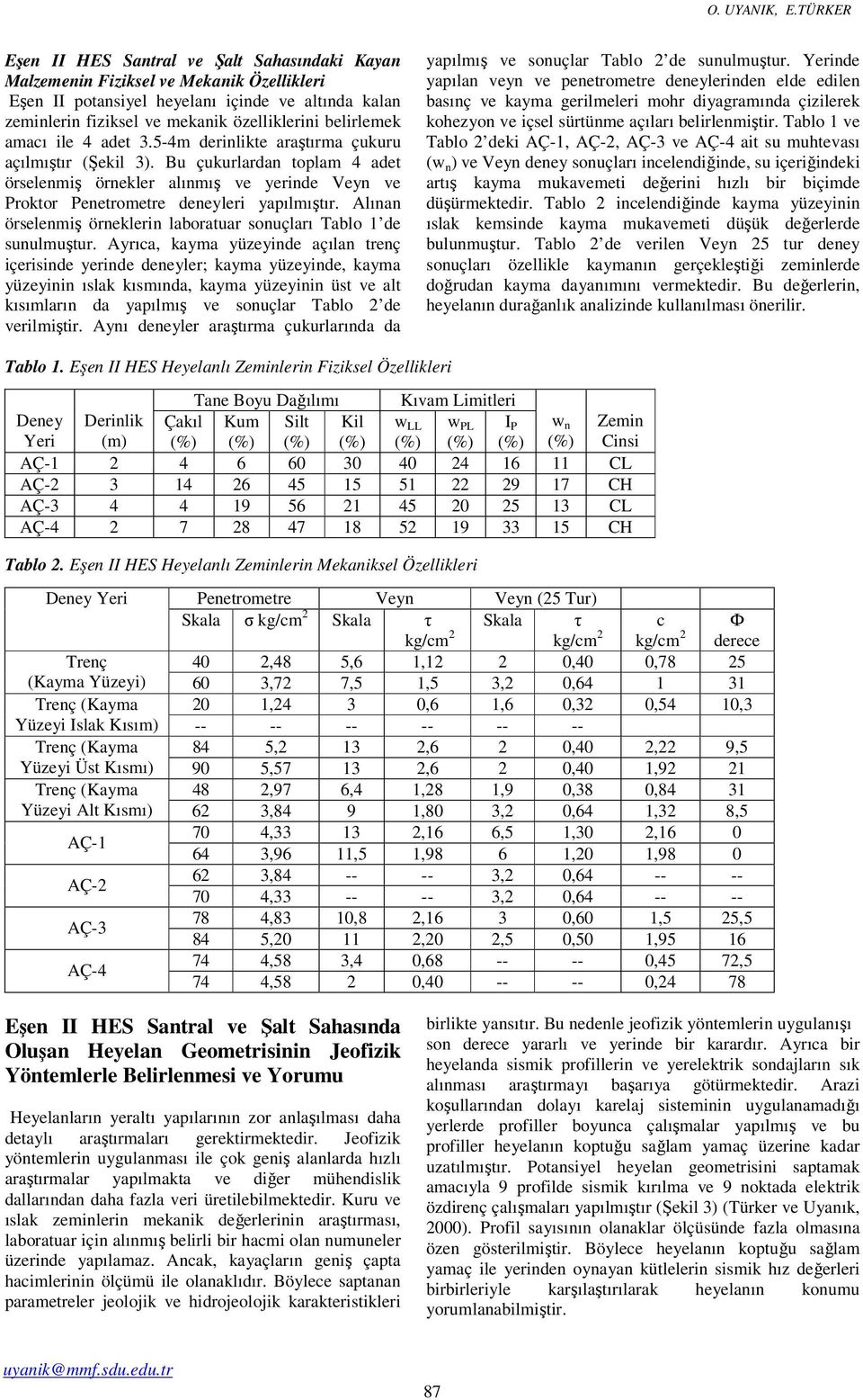 aacı ile 4 adet 3.5-4 derinlikte araştıra çukuru açılıştır (Şekil 3). Bu çukurlardan topla 4 adet örseleniş örnekler alınış ve yerinde Veyn ve Proktor Penetroetre deneyleri yapılıştır.